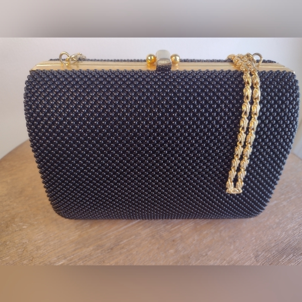 Whiting & Davis Small Black Vintage Beaded Clutch Gold Chain and Clasp Purse